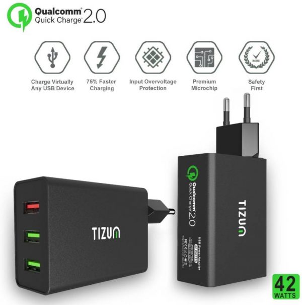 TIZUM Qualcomm® Certified Quick Charge 2.0- 42W 3-Ports USB Wall Power Adapter with MICRO USB Cable for Smartphones ,Tabs, GPS, Music Players & Mobile Charger  (Black) - Image 2