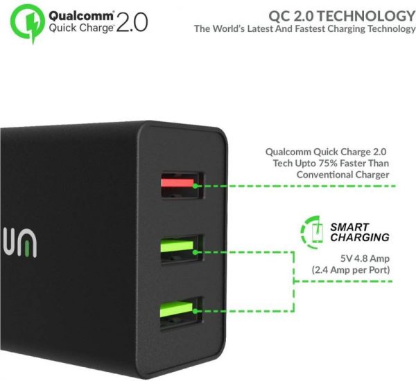 TIZUM Qualcomm® Certified Quick Charge 2.0- 42W 3-Ports USB Wall Power Adapter with MICRO USB Cable for Smartphones ,Tabs, GPS, Music Players & Mobile Charger  (Black) - Image 3