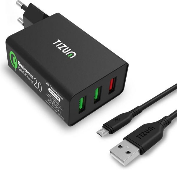 TIZUM Qualcomm® Certified Quick Charge 2.0- 42W 3-Ports USB Wall Power Adapter with MICRO USB Cable for Smartphones ,Tabs, GPS, Music Players & Mobile Charger  (Black) - Image 4