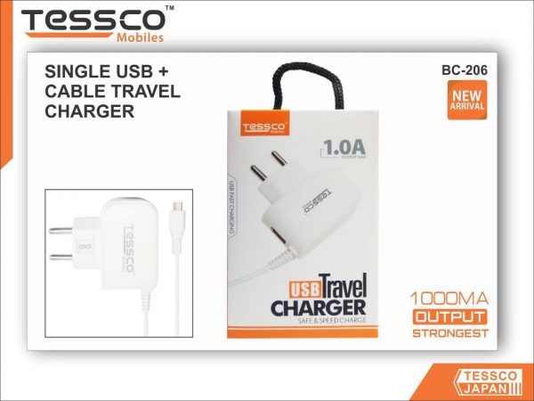 Tessco BC 206 1A Charger Attached Micro USB Cable+Single USB Ports (6 Months Warranty) - Image 2