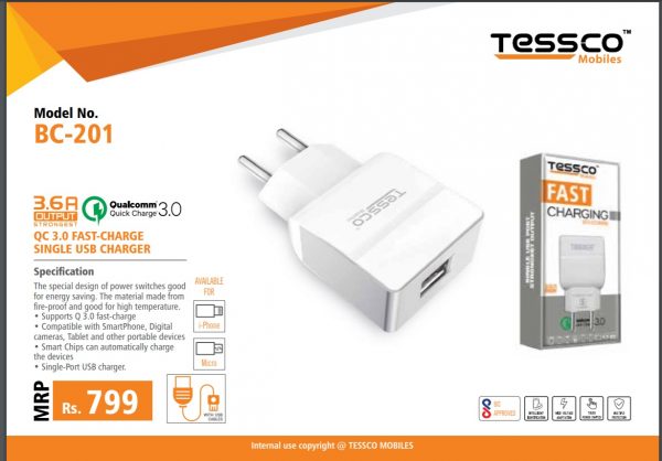 Tessco BC 201 A 3.6A Qualcomm 3.0 Charger Single USB Ports (6 Months Warranty) - Image 2