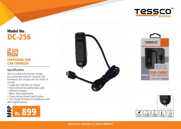 Tessco DC 256 2.1A Car Charger Single Port + Attached Micro USB Cable (6 Months Warranty) - Image 3