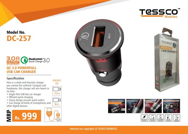Tessco DC 257 3.0A Car Charger Qualcomm 3.0 Single USB (6 Months Warranty) - Image 6