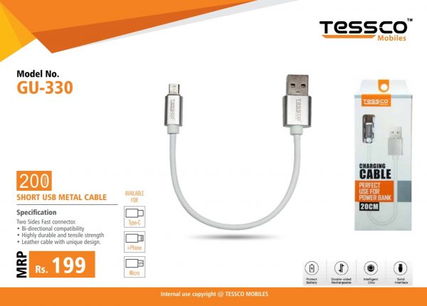 Tessco GU 330 2.0A Short Data Cable 20cm (6 Months Warranty)  Micro USB, Lightning (Iphone), TYPE-C - Image 3