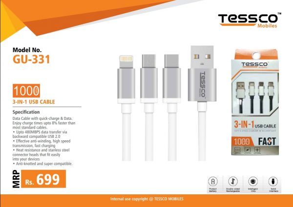 Tessco GU 331 2.0A 3 in 1 Data Cable 1meter (6 Months Warranty)  Micro USB, Lightning (Iphone), Type C - Image 5