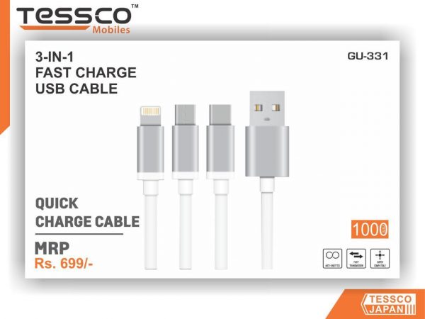 Tessco GU 331 2.0A 3 in 1 Data Cable 1meter (6 Months Warranty)  Micro USB, Lightning (Iphone), Type C - Image 6