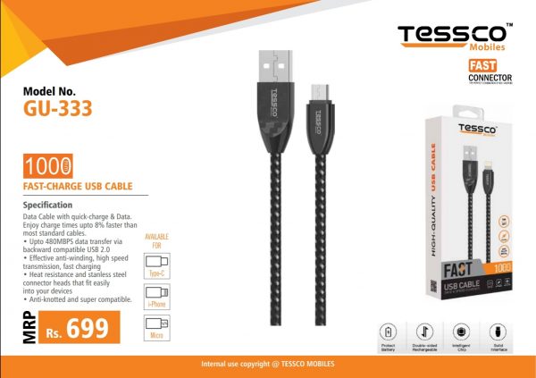 Tessco GU 333 2.0A Braided Data Cable 1meter (6 Months Warranty)  Micro USB, Lightning (Iphone), TYPE-C - Image 7