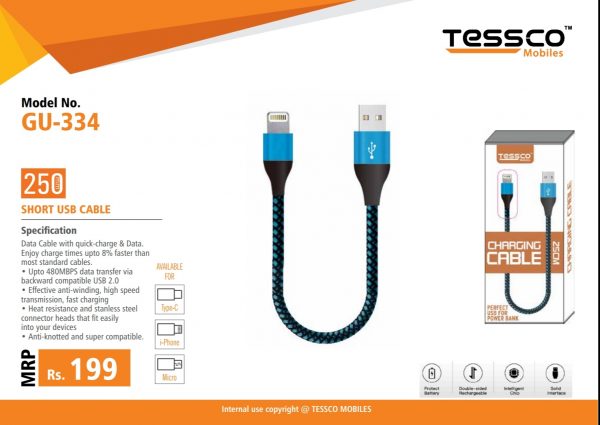 Tessco GU 334 2.0A Short Data Cable 25cm (6 Months Warranty)  Micro USB, Lightning (Iphone), TYPE-C - Image 3