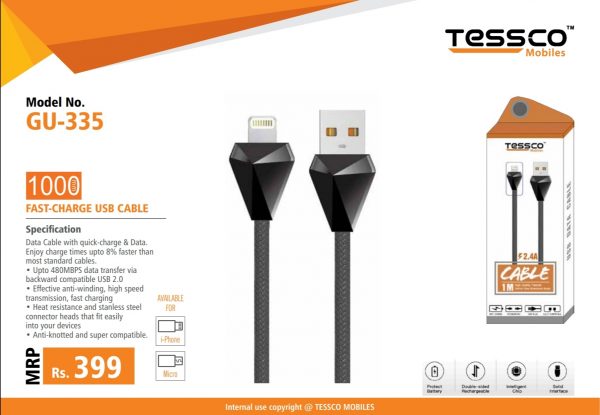 Tessco GU 335 2.0A Braided Data Cable 1meter (6 Months Warranty)  Micro USB, Lightning (Iphone), TYPE-C - Image 3
