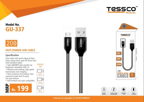 Tessco GU 337 2.0A Short Data Cable 20cm (6 Months Warranty)  Micro USB, Lightning (Iphone), TYPE-C - Image 2