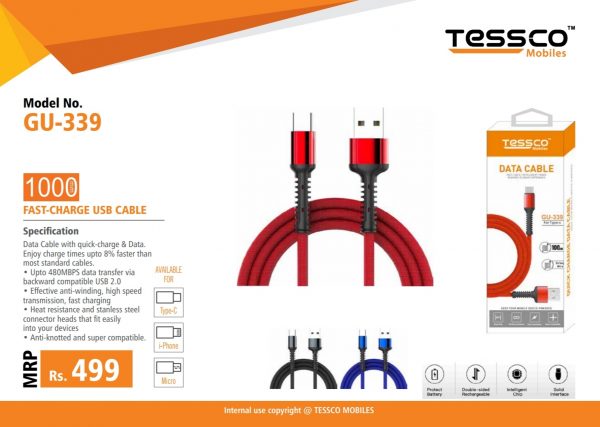 Tessco GU 339 3.4A Braided Data Cable 1.5meter (6 Months Warranty)  Micro USB, Lightning (Iphone), TYPE-C - Image 8