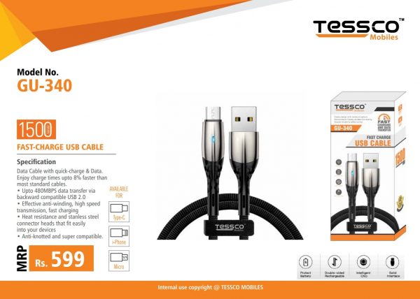 Tessco GU 340 3.4A Braided Data Cable 1meter (6 Months Warranty)  Micro USB, Lightning (Iphone), TYPE-C - Image 7