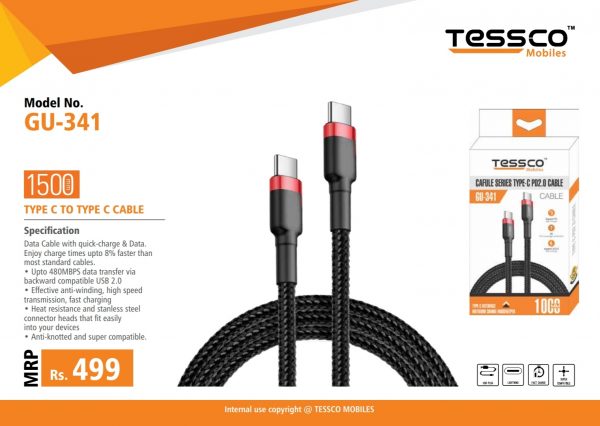 Tessco GU 341 3A Type C To Type C PD 2.0 Braided Data Cable 1.5meter (6 Months Warranty) - Image 4