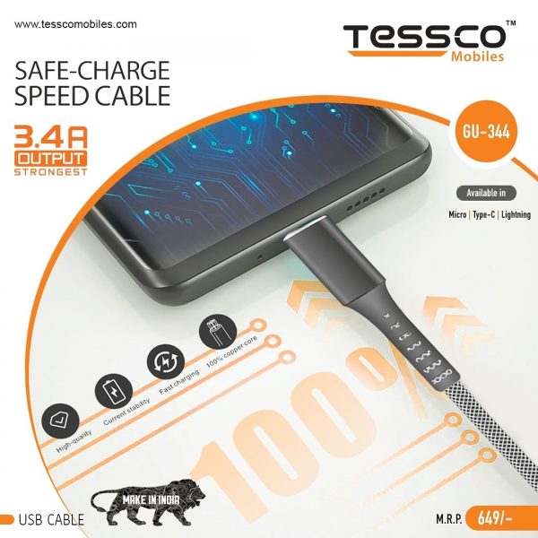 Tessco GU 344 3.4A Braided Data Cable 1 meter (6 Months Warranty) Micro USB, Lightning (Iphone), TYPE-C - Image 3