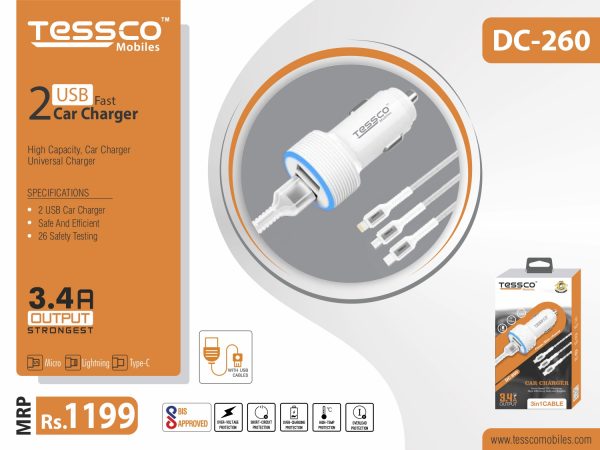 Tessco DC 260 3 in 1 3.4A Car Charger 2 USB Ports (6 Months Warranty) - Image 3
