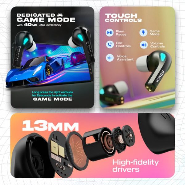 Wings Phantom 420 | 430 | 440 EARBUDS Best Low Latency Wireless Earbuds, 50 Hours Playtime Gaming Airbuds Sync App Support, Mic Touch Controls,Gaming Case & LED Lights - Image 14