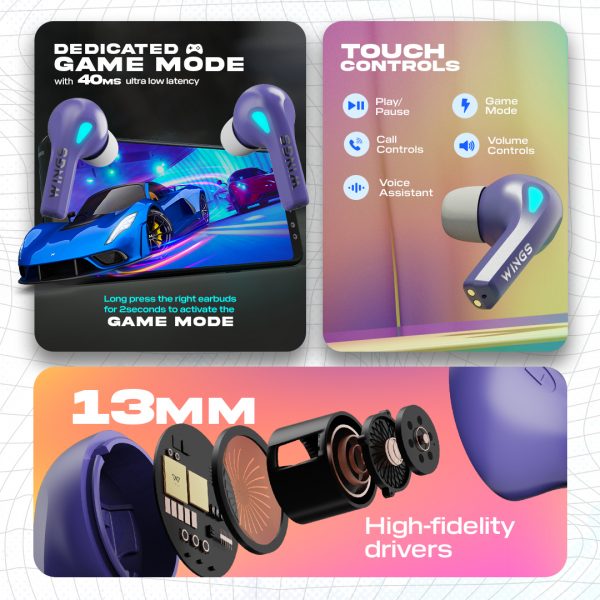 Wings Phantom 420 | 430 | 440 EARBUDS Best Low Latency Wireless Earbuds, 50 Hours Playtime Gaming Airbuds Sync App Support, Mic Touch Controls,Gaming Case & LED Lights - Image 15