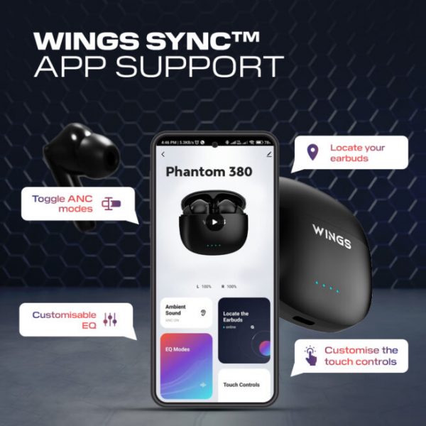 Wings Phantom 380 ANC Best Low Latency 30Hrs Earbuds, ANC Bluetooth Wireless Headphones, Ergonomic Case with LED Lights, 50 Hours Playtime, Quad ENC Mic, TWS Headset with Touch Controls. - Image 14