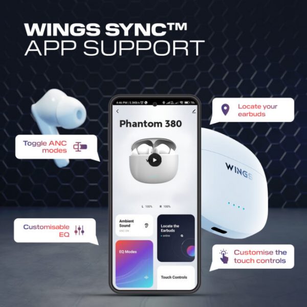 Wings Phantom 380 ANC Best Low Latency 30Hrs Earbuds, ANC Bluetooth Wireless Headphones, Ergonomic Case with LED Lights, 50 Hours Playtime, Quad ENC Mic, TWS Headset with Touch Controls. - Image 15